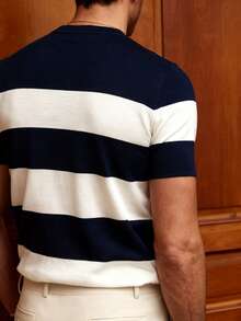 ALTZTAR Men's Round Neck Short Sleeve Solid Color Patchwork Casual Knit Top - Navy Blue - View 2