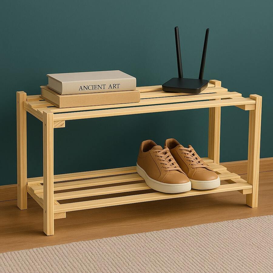 Wide Pine Wood Shoe Rack With Shelves, Door, Living Room/Hallway, Shoe Organizer - Madeira - Xem 1