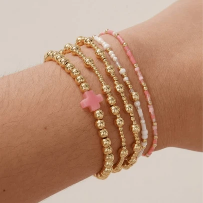 5pcs/Set Bohemian Pink Cross Copper Bead Bracelet, Pearl Bracelet, Stackable Bracelet, Golden Bead Bracelet, Elastic Bracelet, Waterproof, Sweat-Proof, Non-Fading, Birthday Gift, Family Gift, Romantic Gift, Christmas Gift, Easter Gift, Lucky Gift
