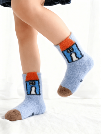1/4 par tjocka korallfleece mönster med tecknade hus, babystrumpor till mitten av vaden, höst/vinter