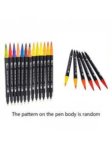 二合一可水洗双头毛笔，软头马克笔，黑色笔杆，PVC盒装，水彩笔套装