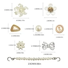 15pcs Fashion Shoe Flower Accessories, 6-Petal Flower Shoe Decor, Faux Pearl Shoe Chain, DIY Shoe Buckles, For Clogs, Sandals Decoration, Holiday Gift - White+Gold - View 2
