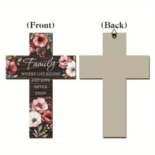 1pc Wooden Cross-Shaped Wall Decor Plaque, Rustic Warm Tone Wood Grain Floral Design, "Family" & "Blessing" Healing Text, Cozy Home Hanging Decor, Suitable For Entryway, Living Room, Bedroom, Spring Renewal, Holiday Decoration, Romantic Family Gift For Valentine's Day, Easter Hope & Gratitude Ambiance - Chocolate Brown - View 6