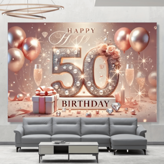1pc, Gold And Rose 50th Birthday Celebration Backdrop Banner - Polyester Fabric, Elegant Party Decoration, Includes Champagne Glass, Balloons And Gift Box, Classroom, Office, Photo Booth Props, Home Decor - Suitable For All Seasons, Mixed Colors, Classroom Decoration, Festive Backdrop, Home, Garden, Studio Events, Living Room, Bedroom And Outdoor Decoration, Perfect For Parties And Holiday Gifts.