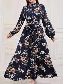 Floral Print Faux Collar Dress, Elegant Long Sleeve Belted Dress, Ramadan Women Clothing Vacation - Blue - View 3