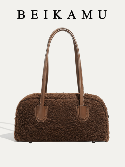 BEIKAMU 秋冬新款纯色复古手提包，拉链闭合毛绒女士单肩包，适合大学、通勤、购物、散步、日常使用