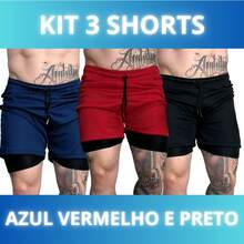 Set Of 3 Men's 2-In-1 DryFit Shorts For Running, Gym, Training, And Running With Cell Phone Pocket - Kit de 3: Azul, Rojo, Negro - Ver 1