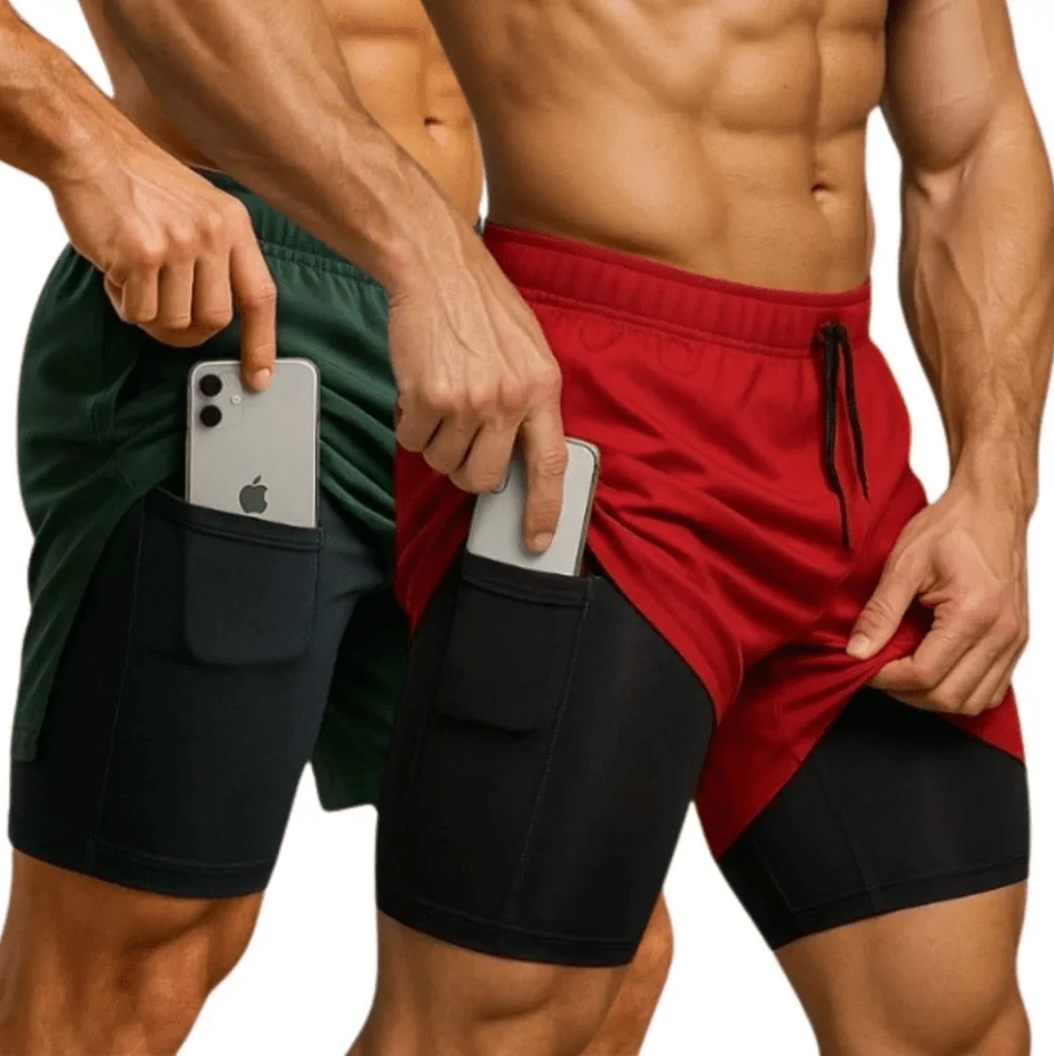 Kit Of 2 Men's UV DryFit Athletic Shorts For Gym, Training, And Running - KIT 2 Green Red - View 1