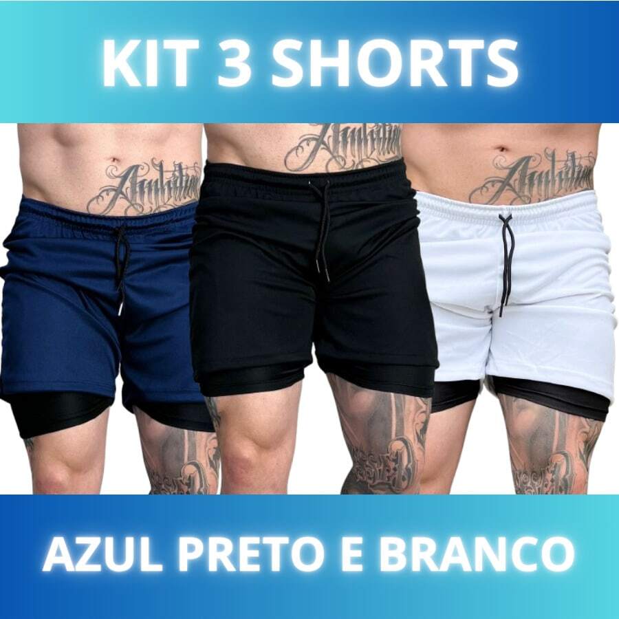 Set Of 3 Men's 2-In-1 DryFit Shorts For Running, Gym, Training, And Running With Cell Phone Pocket - Kit Of 3: Blue, Black, White - View 1