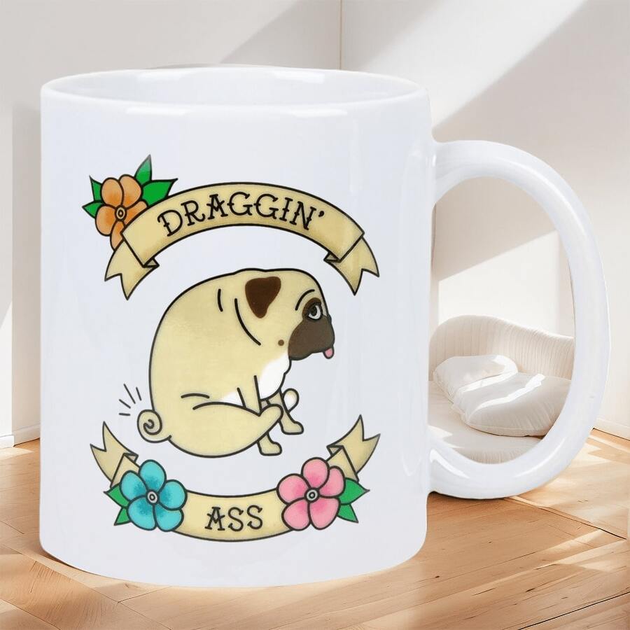 Cute Pug Draggin'  Coffee Ceramic White Mug - Perfect For Lazy Mornings, Hand Wash Only, Reusable, Insulated, Multipurpose Use, Coffee Bar Accessories - 1pc - 查看 1