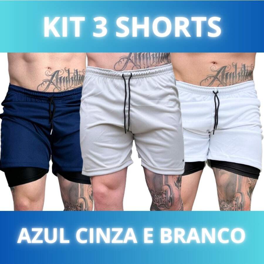 Set Of 3 Men's 2-In-1 DryFit Shorts For Running, Gym, Training, And Running With Cell Phone Pocket - Kit Of 3: Blue, Gray, White - View 1