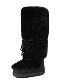 Women's Platform Fur Snow Boots Y2K Fuzzy Fluffy Furry Winter Comfy Ankle Boots For Women Round Toe Platform Lace-Up Fur Boots For Winter Daily Life And Halloween Party - 黑色b - 查看 5