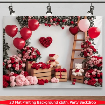 1 pieza Fondo romántico de San Valentín de rosa roja 2D plana, hecha de poliéster, incluye patrones de corazón, rosa, oso de peluche y globo, adecuada para fotografía de boda y fiesta, decoración de pancarta de fiesta de cumpleaños, accesorios de estudio fotográfico, decoración de fiesta interior/exterior, decoración festiva