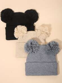 3pcs Baby Solid Color Double-Yarn Knitted Beanie Hats, Soft & Breathable, Suitable For Outings & Travel, Warm For Autumn/Winter, Unisex Y2K Street Style - Black Beige Medium Heather Gray - View 5