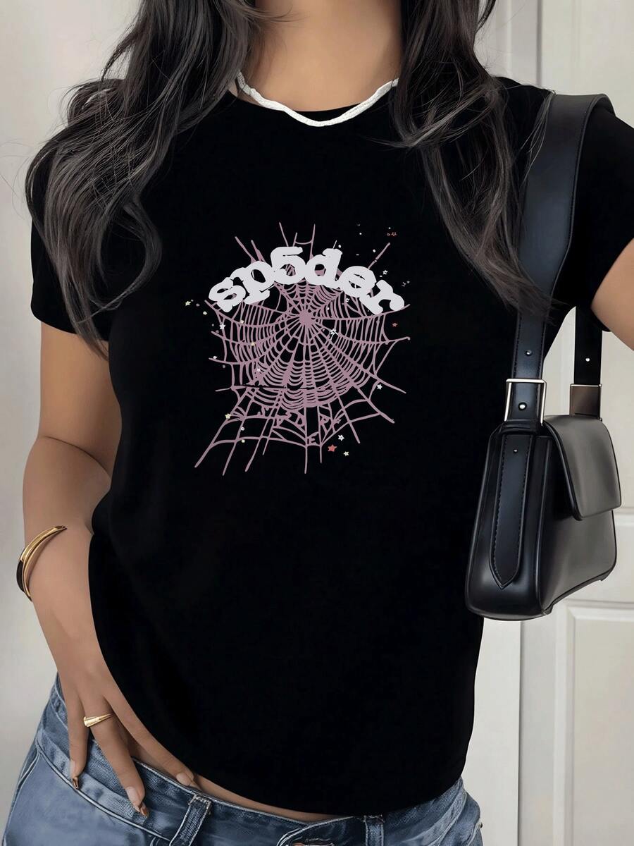 Purple Spiderweb With The Word Sp5der In White Symbolizing Connection And Resilience With Small Star Sparkles On A 100% Cotton Women's T-Shirt - 黑色 - 查看 1