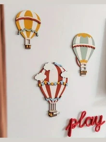 3件套手绘木质热气球墙饰 - 波西米亚风格儿童房装饰，奇幻森林壁画，适合儿童房和游戏室墙面装饰