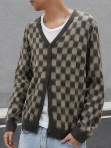 男士格纹V领纽扣开衫休闲街头外套 - 灰色 - 查看 3