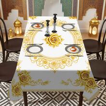 1/20pcs Gold Rose Pattern Elegant Tablecloth, Suitable For Islamic Festivals, Home Kitchen, Outdoor Garden Parties, Restaurant Banquets, Made Of Polyester, Home Decor - Multicolor - View 4