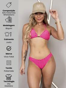 Vicio Fatal Women's Bikini Set, Polyamide, Padded Cups, Push-Up And Lift-The-Butt, High Waist, Adjustable, Thin Sides, Plain, Women's Beachwear - 玫紅色 - 查看 3