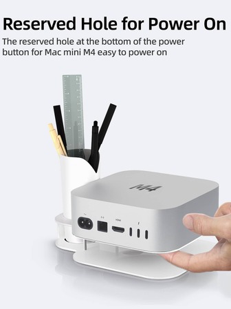 White Iron Alloy Desktop Stand For Mini M4 / M4 Pro – Multi-Functional PC Holder With Integrated Pen Cup, Ventilated Metal + ABS Cooling Structure, Reinforced Non-Deforming Frame & Space-Saving Design For Office Or Home Desk Setups