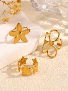 3件套时尚不锈钢镀18K金百搭优雅几何花卉可调节戒指套装，适合女性日常、节日、假日、派对、约会佩戴，高端休闲戒指套装 - 金黃色 - 查看 2