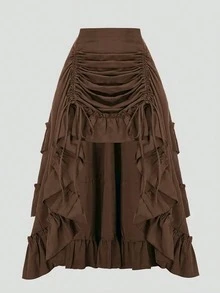 [High-Waist Ruffle Trim Skirt] High-Waist Ruffle Trim Skirt, Fashionable High-Low A-Line Drawstring Maxi Skirt, Pleated Ruffle Hem, Multi-Layer Design, Women's Casual Wear For Spring & Summer - Brown - View 1