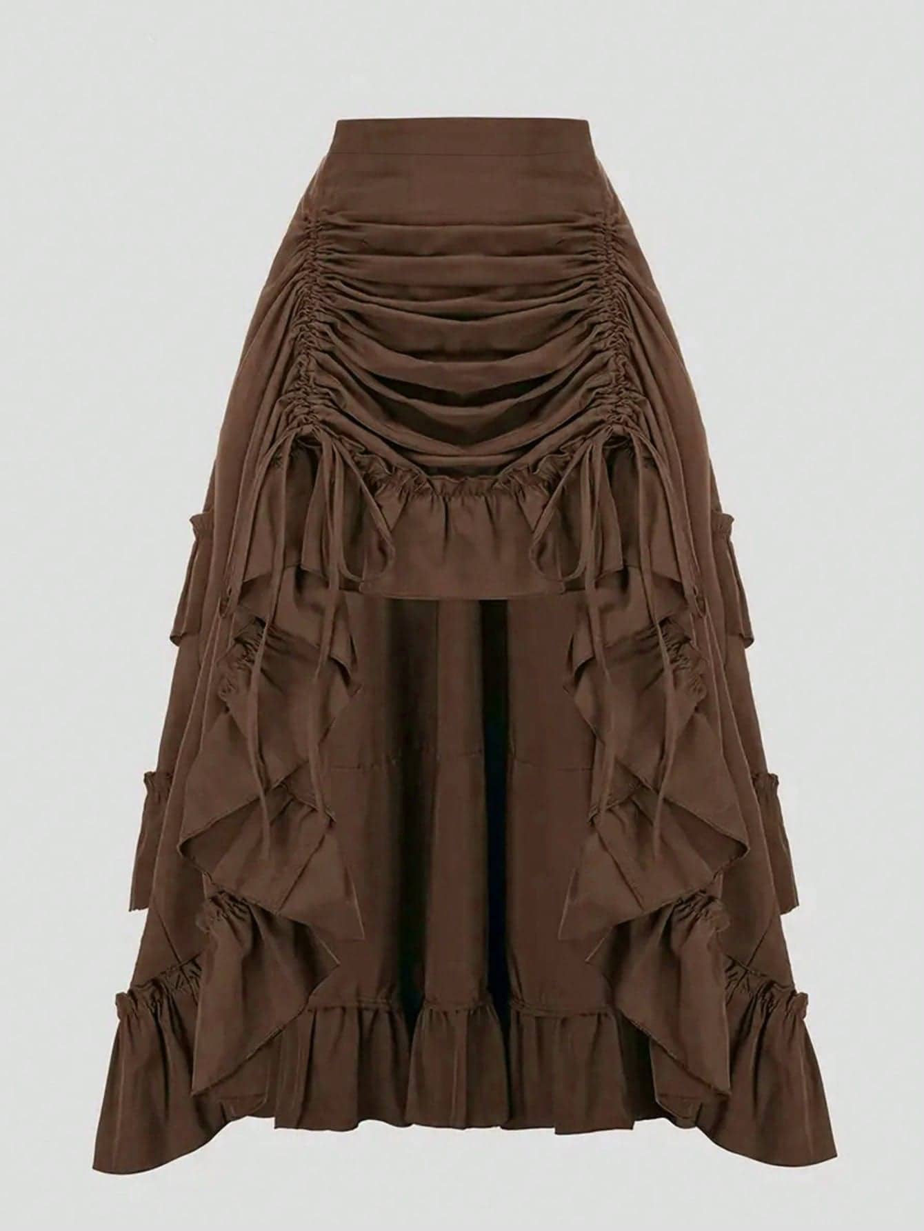 [High-Waist Ruffle Trim Skirt] High-Waist Ruffle Trim Skirt, Fashionable High-Low A-Line Drawstring Maxi Skirt, Pleated Ruffle Hem, Multi-Layer Design, Women's Casual Wear For Spring & Summer - Brown - View 1
