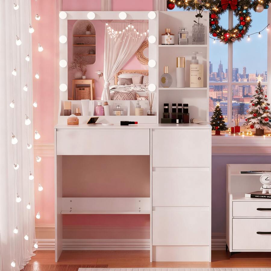 New Dressing Table With 10 LED Lights Mirror 4 Drawers Vanity Make Up Desk Set - White - View 1