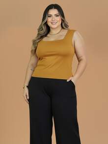 Women's Plus Size Tank Top With Square Neckline, Lined, Elegant - 芥末黃 - 查看 1