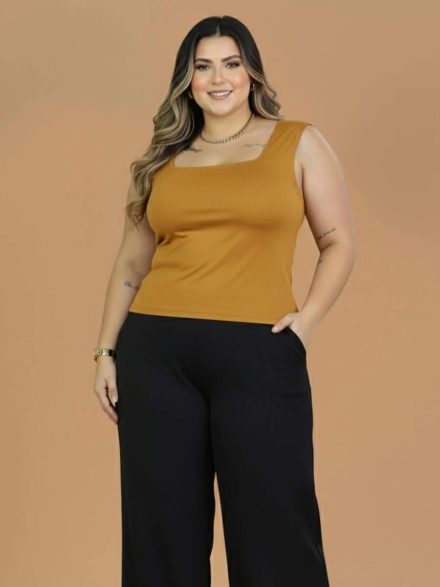 Women's Plus Size Tank Top With Square Neckline, Lined, Elegant - 芥末黃 - 查看 1