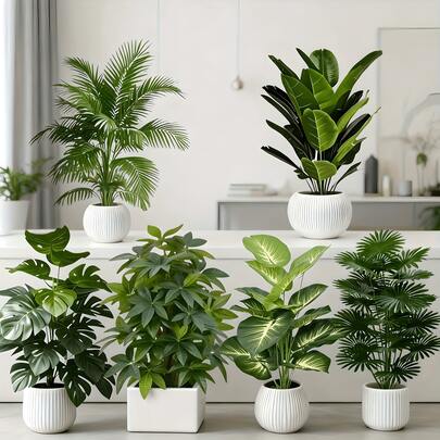 6 st blandade konstgjorda växter med stora blad - Ficus Lyrata och Strelitzia, underhållsfria dekorativa träd i tropisk regnskog lämpliga för utomhusbruk, året runt inomhus-/utomhuskrukväxter, konstgjorda träd i nordisk stil för bröllop, hotell, trädgård, gård, Oktoberfest, Bastilledagen, mor- och farföräldrarnas dag, Thanksgiving, juldekorationer, moderna gröna blad för markplacering, fotorekvisita