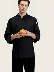 New Black Fashion Chef Uniform Unisex Long Sleeve, Suitable For Autumn/Winter, High-End Hotel, Restaurant, Cafe, Bakery, Flower Shop, Comfortable, Breathable, Stylish Stand Collar Design, Easy To Wear And Take Off, Exquisite Custom Buttons, Smooth Texture, Simple Cuff Design, Loose And Comfortable Fit, Free Movement - Black - View 3