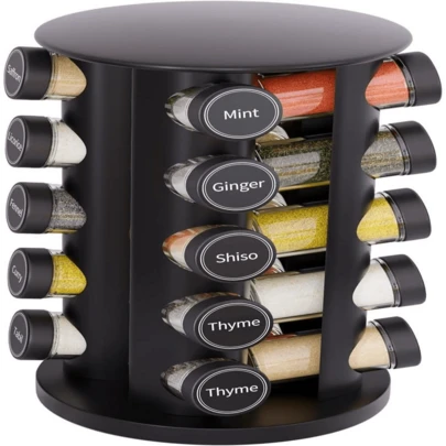 Revolving Spice Rack Set With 20 Spice Jars, Kitchen Spice Tower Organizer For Countertop Or Cabinet -- Carousel Storage Includes 386 Spice Labels -- Desktop Rotating Seasoning Organizer