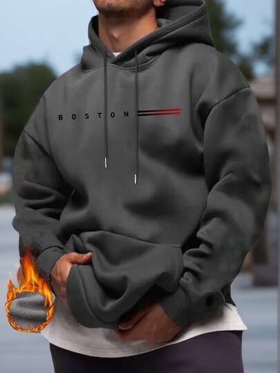 Men's Casual Boston Design Print Loose Pocket Hooded Sweatshirt, Comfortable Sports Wear Choice For Autumn/Winter, Long Sleeve Top