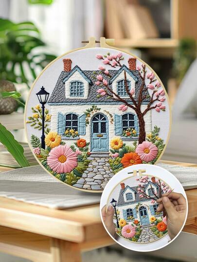 1 Piece Embroidery Kit, 20x20cm/7.9x7.9in, DIY Embroidery Kit For Flowers And Houses, Handmade Patterns, Suitable For Adult Beginners, Including Embroidery Cloth, User Manual, Embroidery Needles And Threads, Christmas Gifts For Friends Or Family, Furniture, Office Handmade Artworks