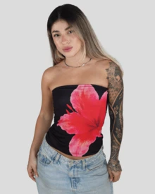 Printed Cropped Slim Fit Strapless Casual Basic Floral Print Tube Top - Aitona - 黑色 - 查看 1