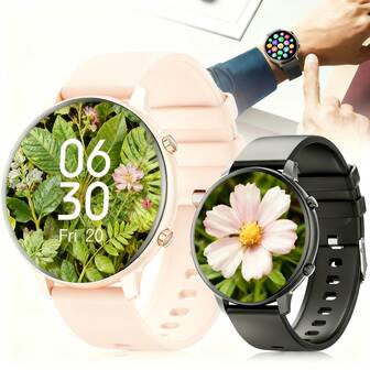 1.39英寸圆形屏幕女士智能手表，支持蓝牙无线通话、自定义表盘、多种运动模式，兼具男士智能手表和女士健康监测功能，可监测心率和血氧，兼容iOS和安卓系统。