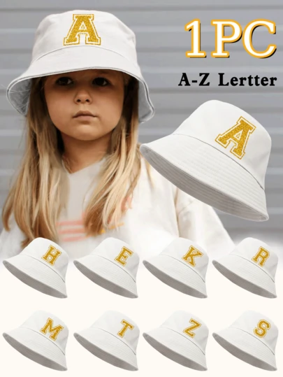 1pc White Children's 26 Gold Letter Pattern Sun Hat, Fashionable Minimalist Lightweight Sun Protection Bucket Hat, Suitable As Birthday/Holiday Gift, For Boys/Girls Outdoor Spring/Summer