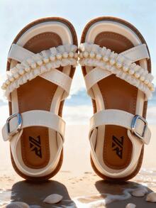 1 Pair Toddler Girls' Sandals With Bow And Metal Buckle Decor, Made Of Faux Leather, Non-Slip And Durable, Open Toe Low Heel, Sweet Casual Style, Suitable For Summer Beach Travel/Outdoor Vacation - 白色 - 查看 21