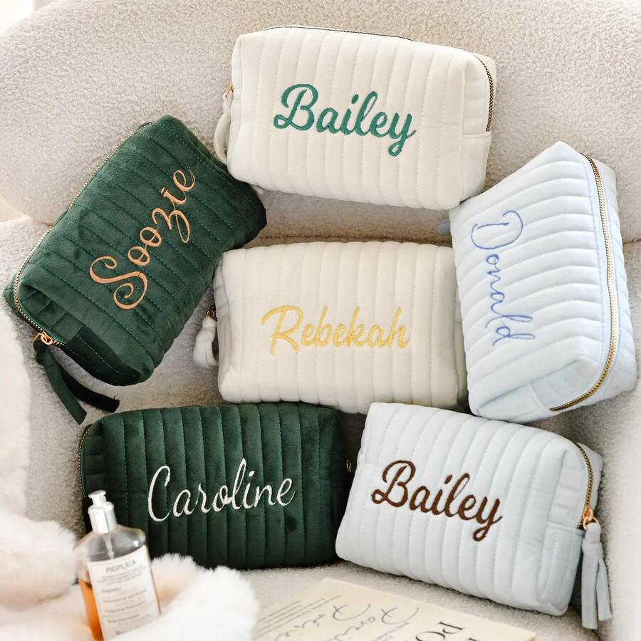 Personalized Embroidered Velvet Makeup Bag, Letter Embroidered Travel Toiletries Bag, Bridesmaid Gift, Ladies Embroidered Velvet Storage Bag, Gift For Her,Personalized,Bridal Party Gifts,Bridesmaids Gift,Embroidered Gift,Monogram Makeup Bag,Makeup Bag,Toiletry Bag,Travel Makeup Bag,Cosmetic Bag,Custom Makeup Bag,Monogram Gift,Makeup Organizer. - Apricot - View 1