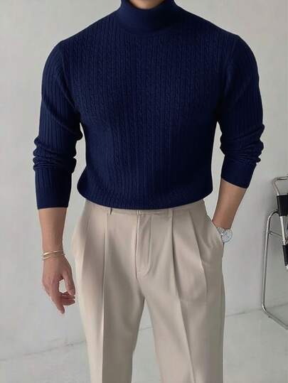 Pulover bărbătesc cu mânecă lungă, model floral răsucit și guler înalt