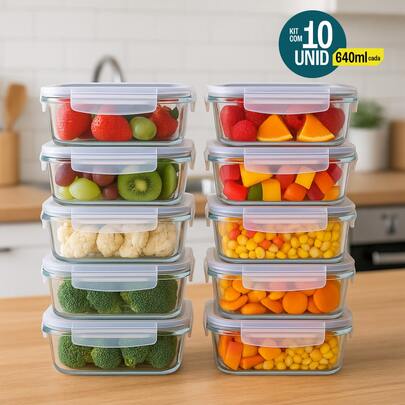 Kit 10 Potes De Vidro Hermético 640ml 4 Travas Livre De BPA Marmita Freezer Microondas