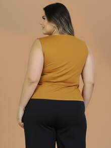 Women's Plus Size Tank Top With Square Neckline, Lined, Elegant - 芥末黃 - 查看 2