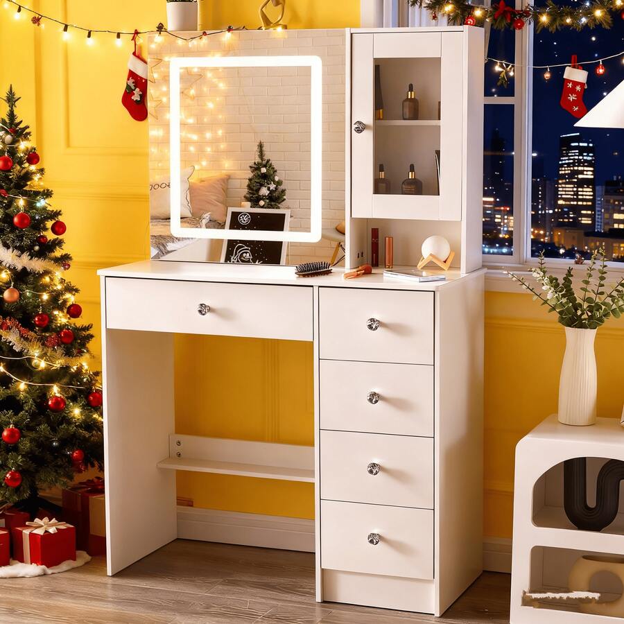 Modern Dressing Table W/Sliding Mirror+10 LED Bulbs Vanity Makeup Desk 5 Drawers - White - View 1