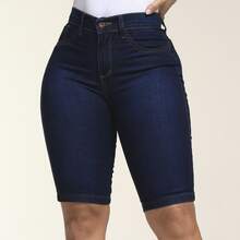 Women's Denim Cycling Shorts With Elastane, Butt-Lifting Design - Dark Blue - View 9