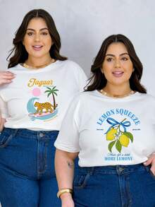 KIT 2 TSHIRT PLUS SIZE ESTAMPA LIMÃO JAGUAR CAMISETA FEMININA LANÇAMENTO - KIT 2 JAGUAR/LEMONSQUEEZE - Visão 1