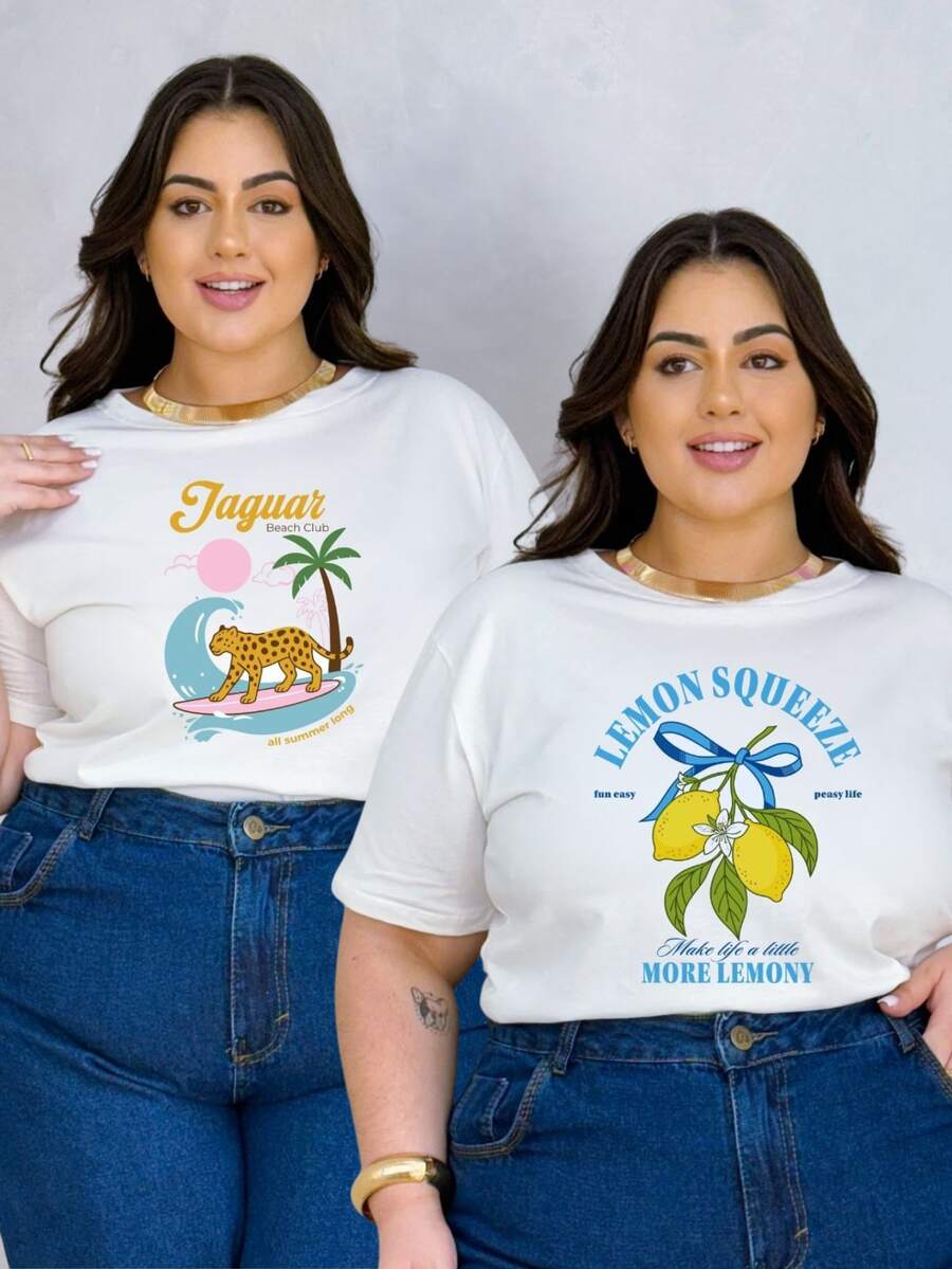 KIT 2 TSHIRT PLUS SIZE ESTAMPA LIMÃO JAGUAR CAMISETA FEMININA LANÇAMENTO - KIT 2 JAGUAR/LEMONSQUEEZE - Visão 1