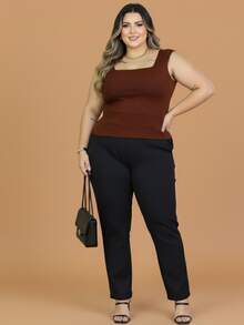 Women's Plus Size Tank Top With Square Neckline, Lined, Elegant - 鏽棕色 - 查看 1