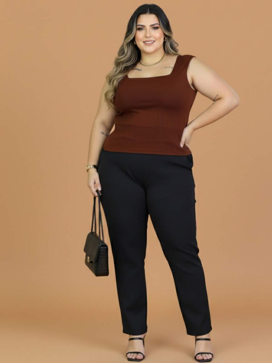 Women's Plus Size Tank Top With Square Neckline, Lined, Elegant - 鏽棕色 - 查看 1