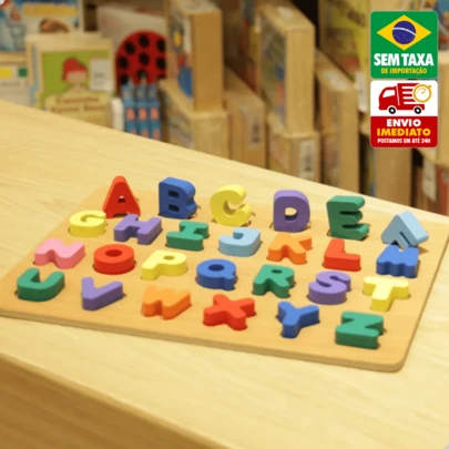Brinquedo Educativo em Madeira Alfabeto ABC Colorido Quebra-Cabeça Didático Infantil